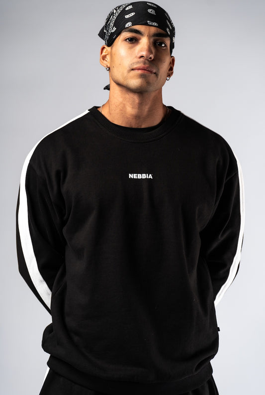 Full front view of the NEBBIA 903 Power Sweatshirt in Black & Black on a muscular athlete.