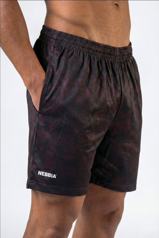 Front view of NEBBIA 902 Power Training Shorts in Black & Dark Brown Camo on a muscular athlete.
