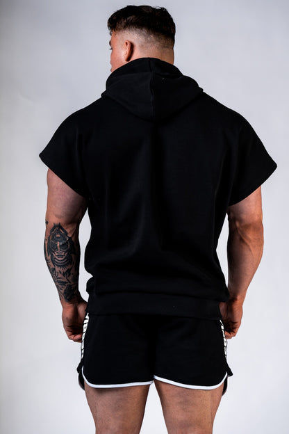 Side profile of men's short sleeve gym hoodie 297 showing the comfortable fit and professional bodybuilding aesthetic.