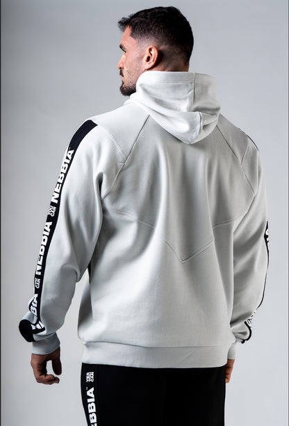 Back view of the NEBBIA 300 hoodie demonstrating the structured masculine cut and hood design.