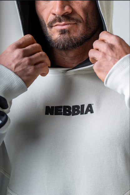 Side profile of the 300 gym hoodie highlighting the branded NEBBIA lampas along the double-layer hood.