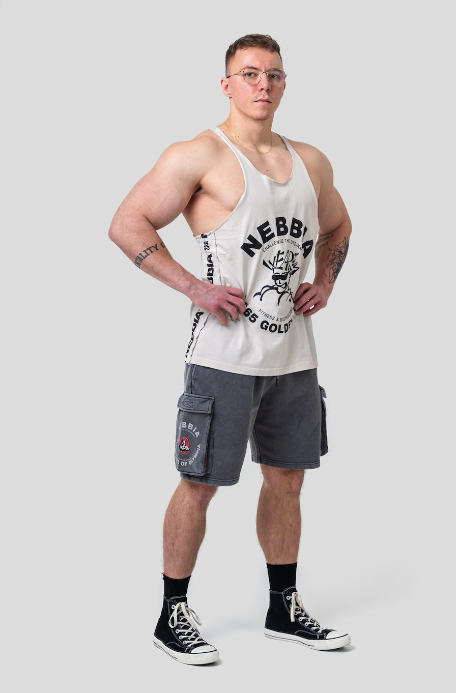 Front view of NEBBIA 791 Washed Muscle Back Stringer in Light Grey, featuring the vintage washed effect and Golden Era chest logo.