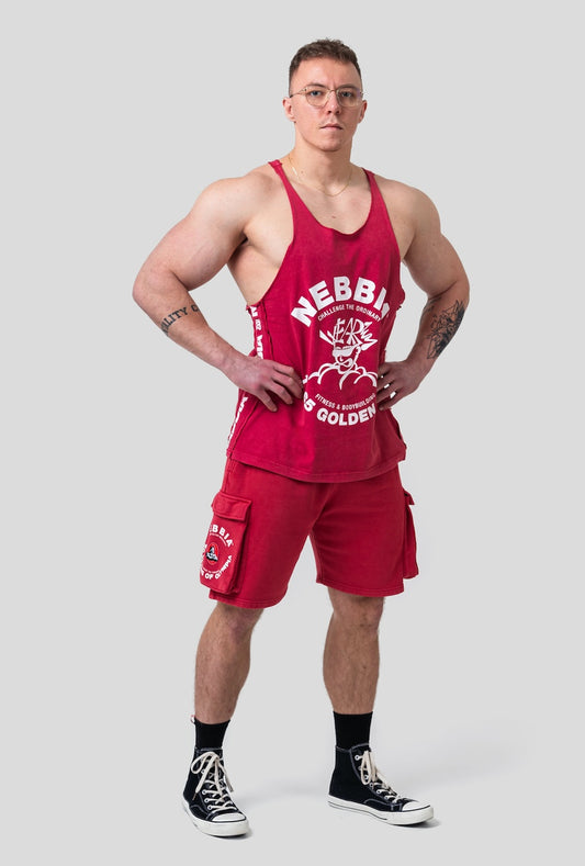 Front view of NEBBIA 791 Washed Muscle Back Stringer in Red, showing the vintage distressed finish and Golden Era chest print.