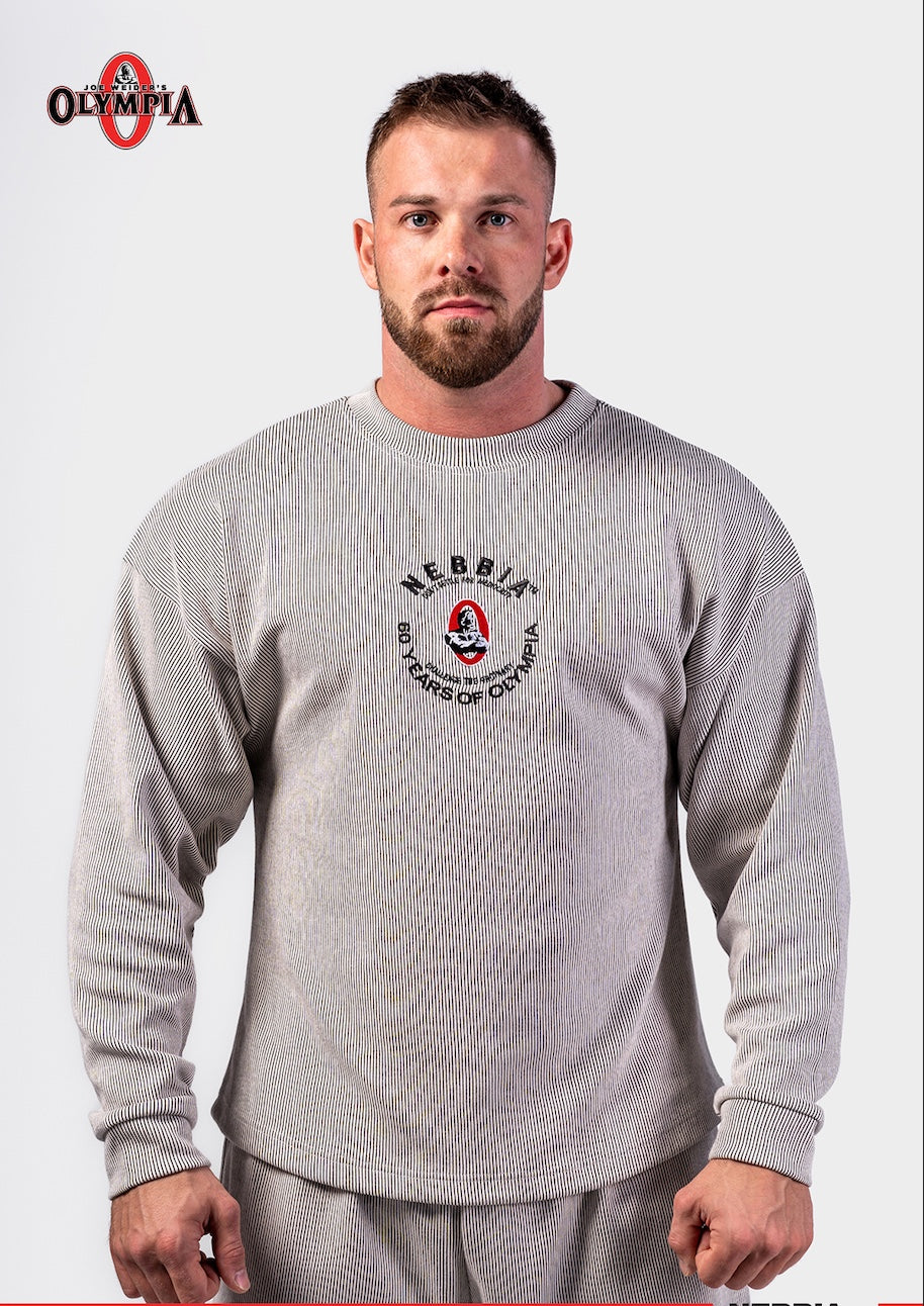 Front view of NEBBIA 797 Oversized Pullover in Light Grey, featuring the bold signature embroidery and relaxed drop-shoulder fit.