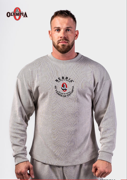 Front view of NEBBIA 797 Oversized Pullover in Light Grey, featuring the bold signature embroidery and relaxed drop-shoulder fit.