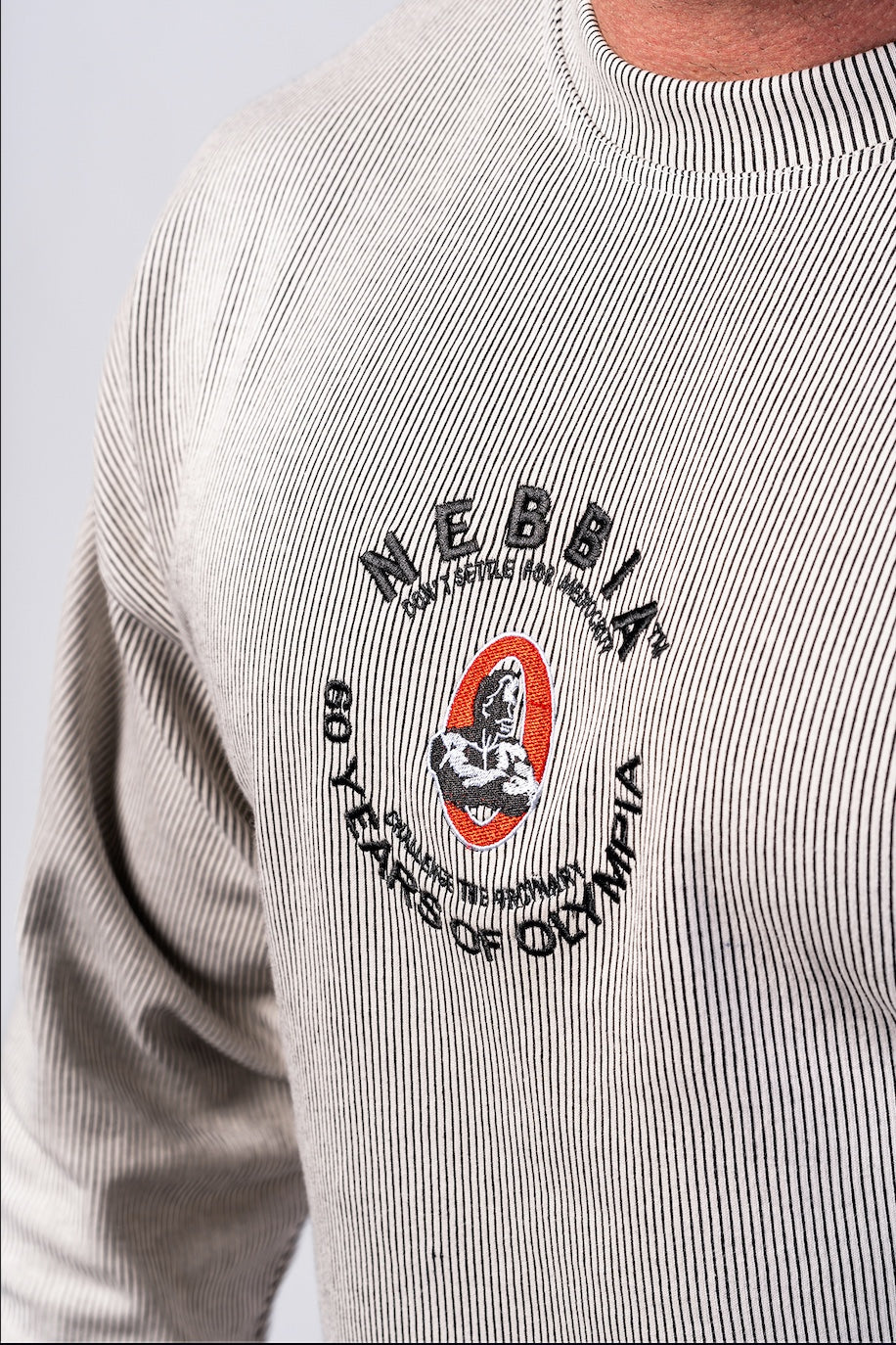 Close-up of the high-quality NEBBIA chest embroidery and the soft-touch cotton blend fabric on the 797 pullover.