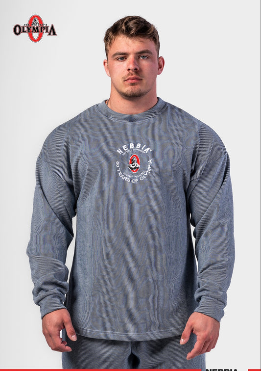 Front view of NEBBIA 797 Oversized Pullover in Deep Blue with prominent white signature embroidery and relaxed fit.
