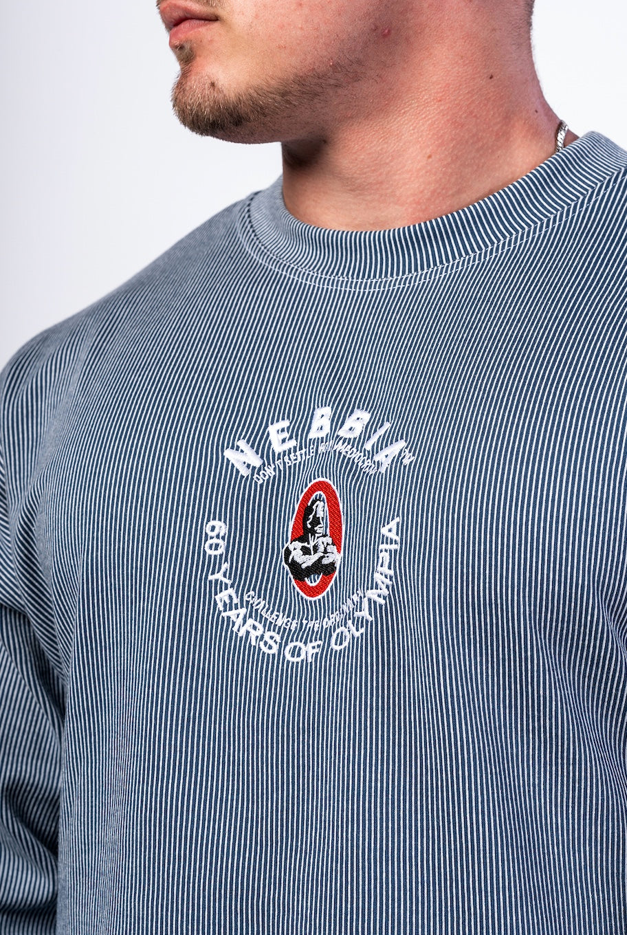Close-up of the high-density NEBBIA embroidery and the soft-touch interior of the blue signature pullover.