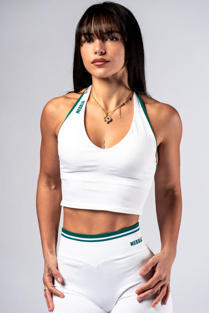 Nebbia CLUB D'OR 640 White Halter Sports Top with Gold Logo - Backless Sculpting Fitness Wear