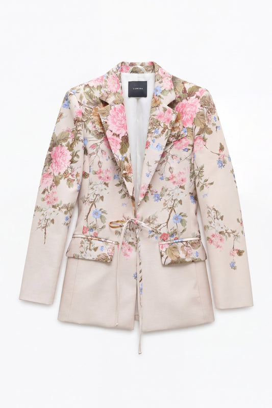 Lumina Floral Print Blazer - Elegant Cream Tie-Waist Jacket