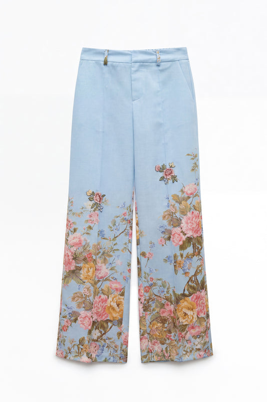 Lumina High-Waist Floral Culotte Pants – Celeste Blue / Azure Botanic